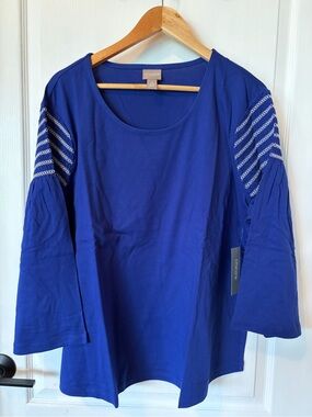 Chicos  Blue Embroidered Sleeve Scoop Neck Top
